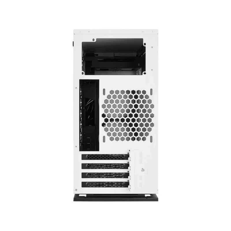 Direct rear view of the InWin 301C RGB PC case showing its expansion slots and separate PSU chamber.