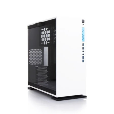 Another front angle view of the InWin 303 in White, at a sharper angle.