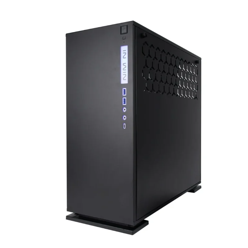 Angled view of the InWin 303C RGB, showing the front panel and the solid cable management side panel.