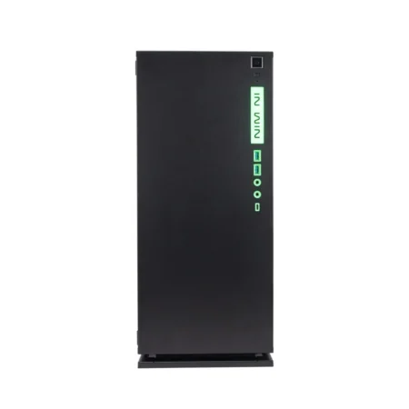 Direct front view of the InWin 303C RGB PC case with its radiant RGB "Neon" front panel.