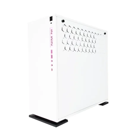 Angled view of the InWin 303C RGB, showing the front panel and the solid cable management side panel.