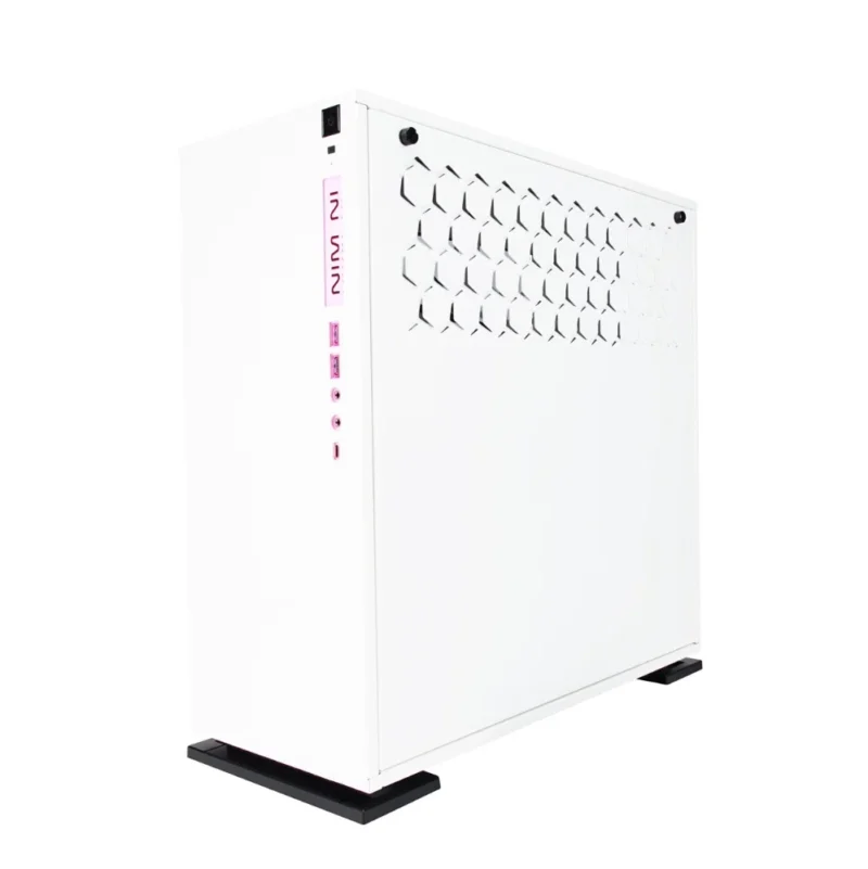 Angled view of the InWin 303C RGB, showing the front panel and the solid cable management side panel.