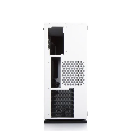 Direct rear view of the InWin 303C RGB PC case showing its expansion slots and separate PSU chamber.