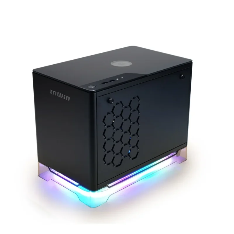 High-angled view of the InWin A1 PLUS showing the front, top, and solid cable side panels.