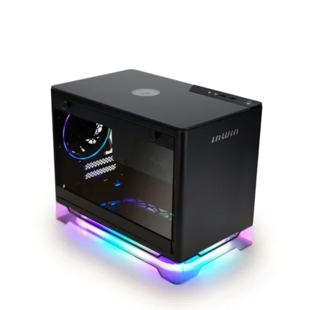 High-angled view of the InWin A1 PLUS showing the front, top, and main tempered glass side panel.