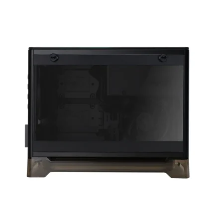 Direct side view of the InWin A1 PLUS PC case, showcasing the tempered glass panel and illuminated stand.