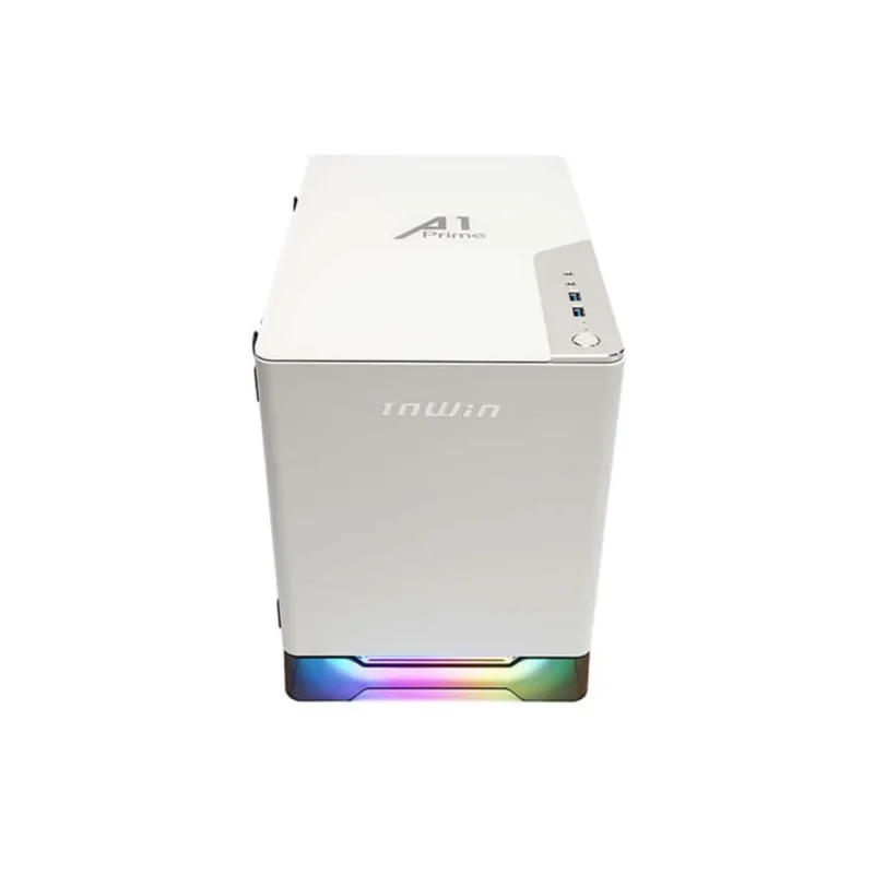Direct front view of the InWin A1 Prime PC case, with a slight upward angle showing the top panel.