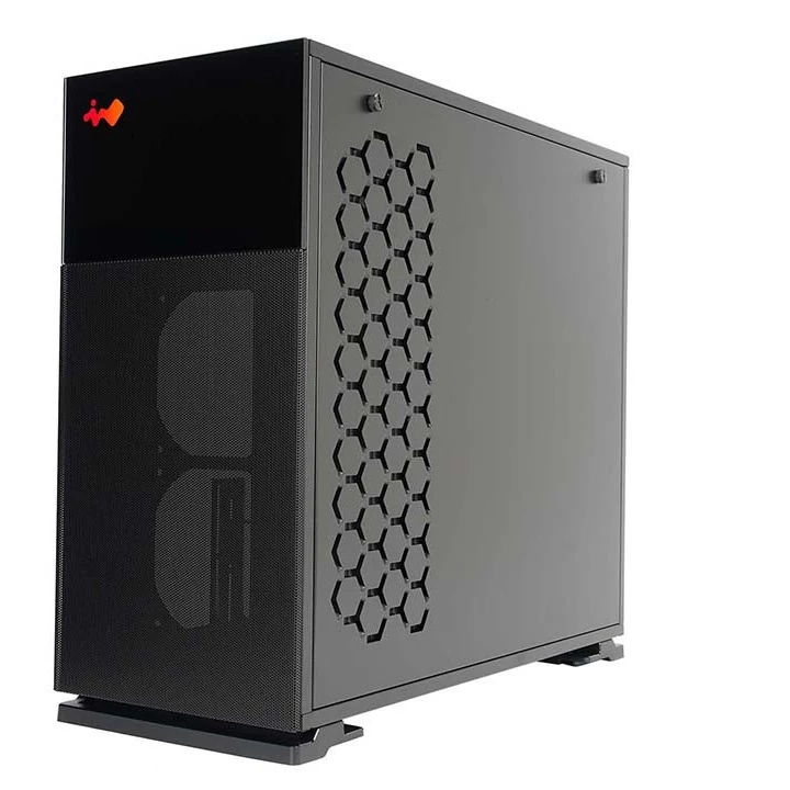 Angled view of the InWin 127, showing the front panel and the solid cable management side panel.