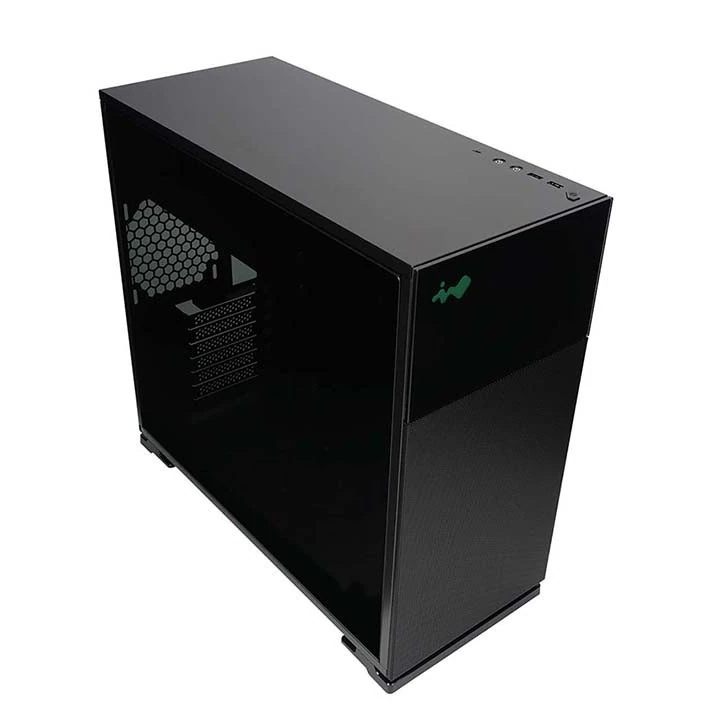 High-angled view of the InWin 127 showing the front, top, and main tempered glass side panel.