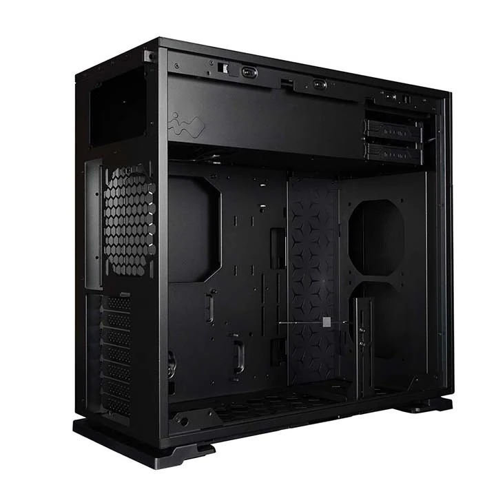Angled interior view of the InWin 127 with the side panel removed, showing the exhaust fan mount and motherboard area.