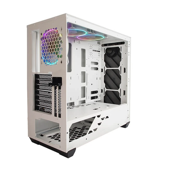 Angled interior view of the InWin 216 ARGB with the side panel removed, showing the exhaust fan mount and motherboard area.