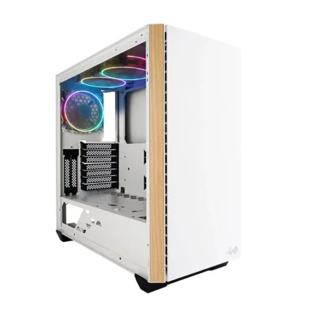 Another front angle view of the InWin 216 ARGB in White, at a sharper angle with the tempered glass removed.