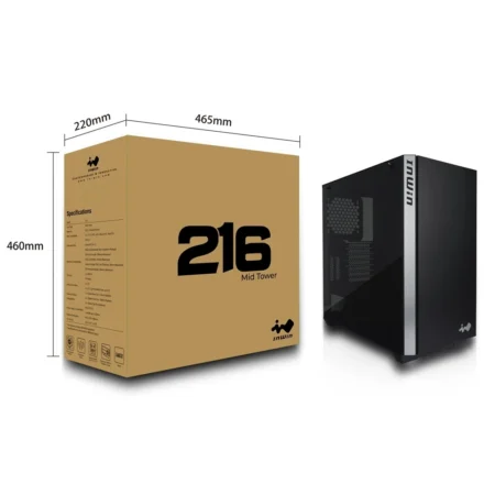 The InWin 216 ARGB PC case placed next to its retail packaging box.
