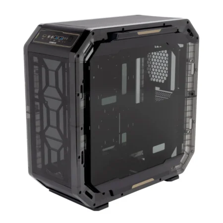 High-angled view of the InWin Airforce showing the front, top, and solid cable side panels.