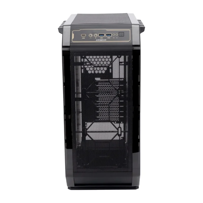 Direct front view of the InWin Airforce PC case, with a slight upward angle showing the top panel.