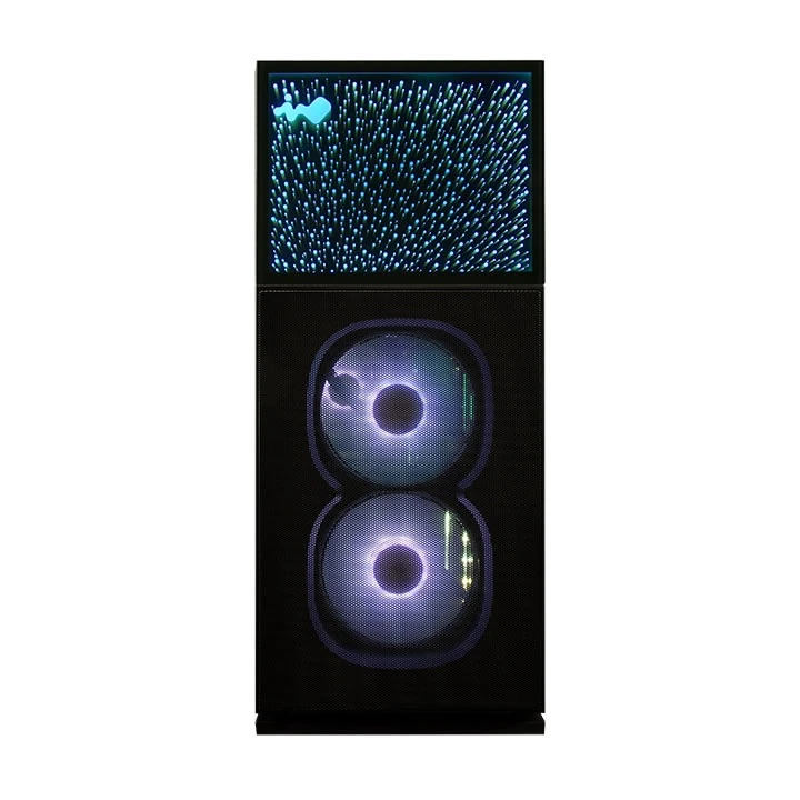 Direct front view of the InWin N515 Nebula PC case with its unique "Nebula" ARGB lighting effect.