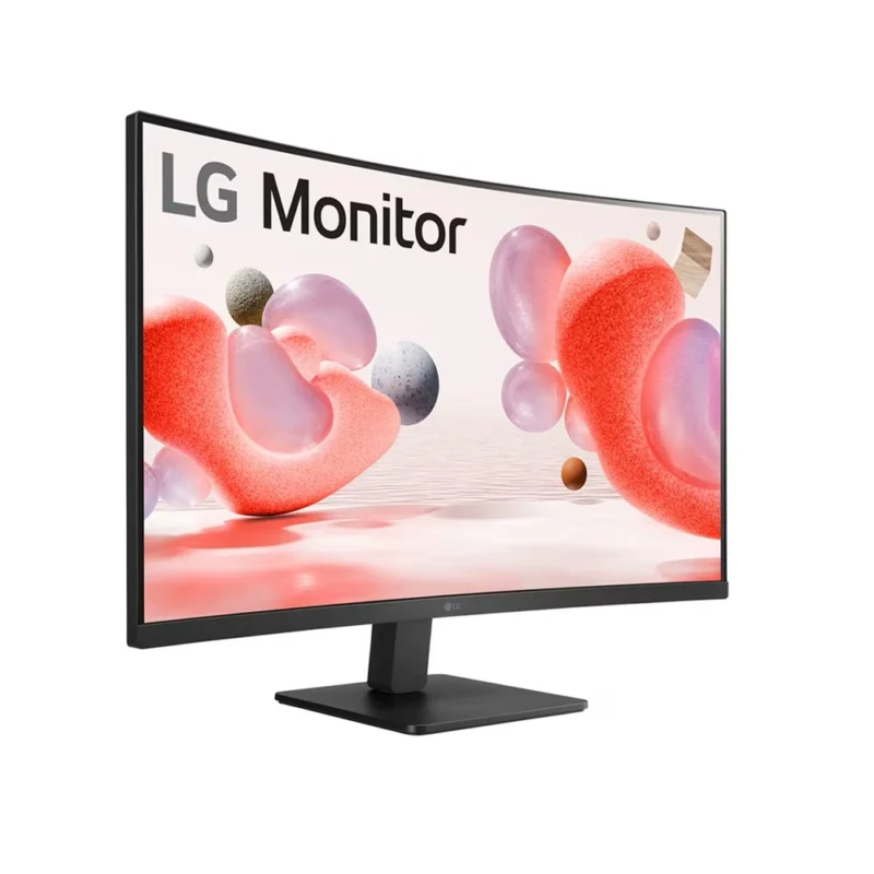 The LG 32MR50C-B monitor shown front-on, displaying a vibrant image to demonstrate its 3-side virtually borderless design.