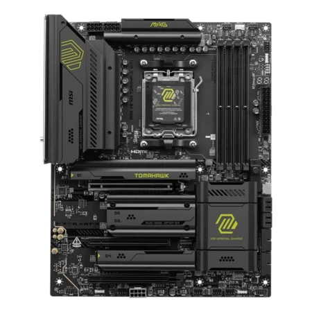 Full layout view of the MSI MAG X870E TOMAHAWK WIFI ATX board, showing all expansion slots and heatsink placements.