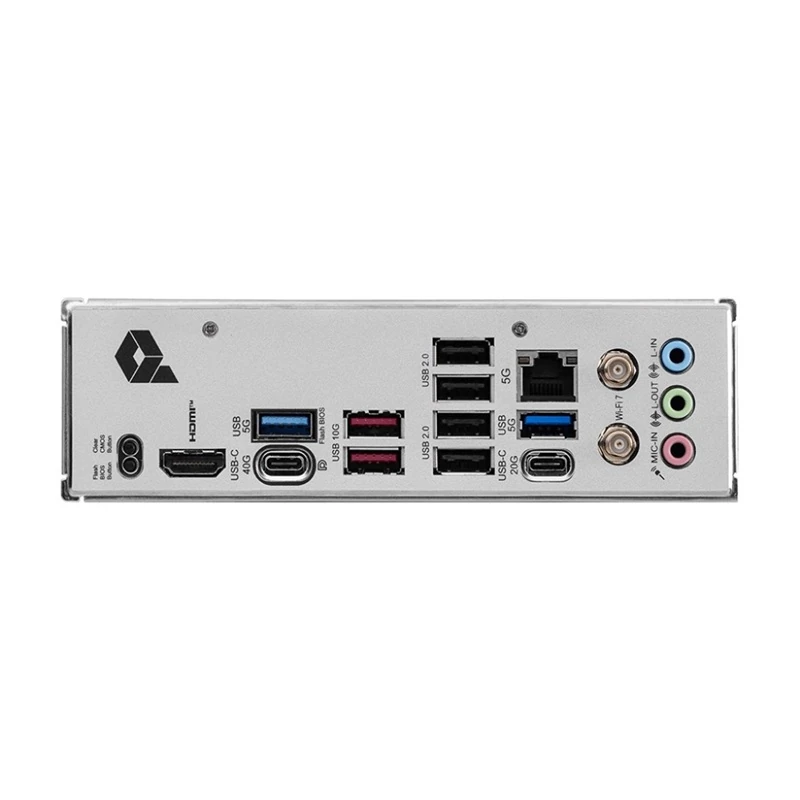 A clear shot of the pre-installed I/O shield, featuring a 40Gbps USB4 port, 5G LAN, and Wi-Fi 7.