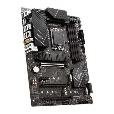 Angled view of the MSI PRO Z790-P WIFI ATX motherboard, showing its large silver heatsinks and professional design.