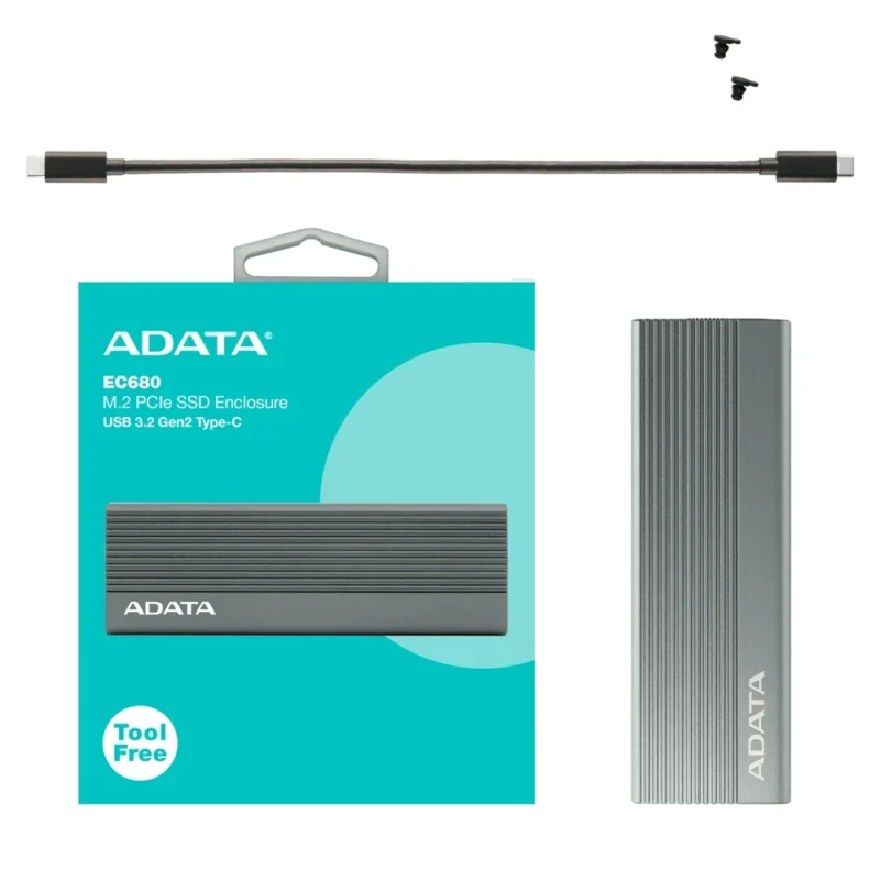 The ADATA EC680 Enclosure displayed with its included USB-C to C cable.