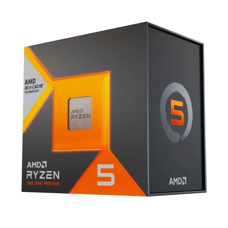 Angled to the left view of the AMD Ryzen 5 7500X3D packaging box showing branding.