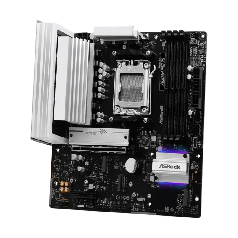 Top-down view of the ASRock A620AM Pro RS, detailing the AM5 socket, four DDR5 slots, and triple M.2 layout.