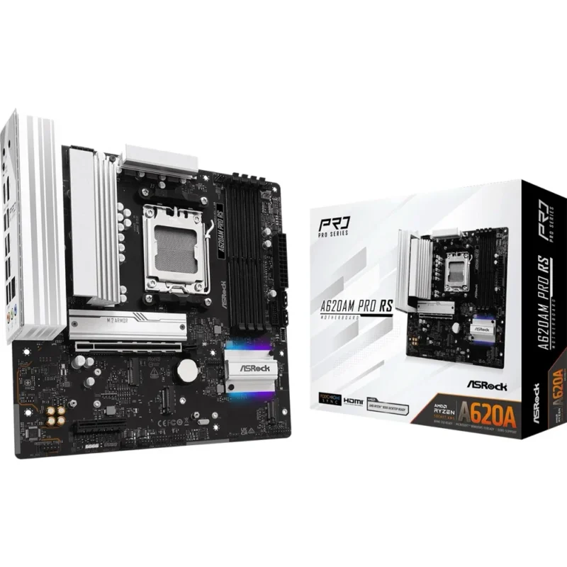 asrock-a620am-pro-rs-with-box The ASRock A620AM Pro RS motherboard displayed next to its retail box