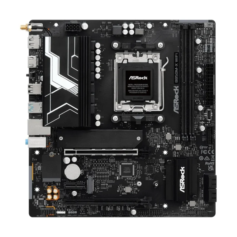 Full layout view of the ASRock B850M-X WiFi board, showing all expansion slots and M.2 connectors.