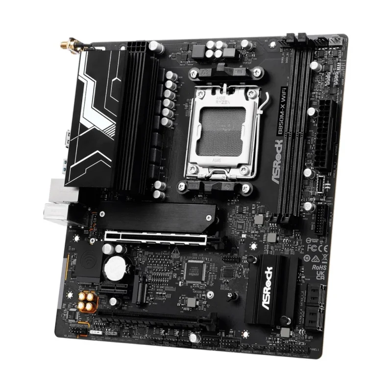 Top-down view of the ASRock B850M-X WiFi, detailing the AM5 socket, two DDR5 slots, and compact layout.