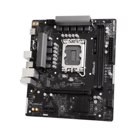 Top-down view of the ASRock H810M-H, detailing the LGA1851 socket, two DDR5 slots, and basic layout.