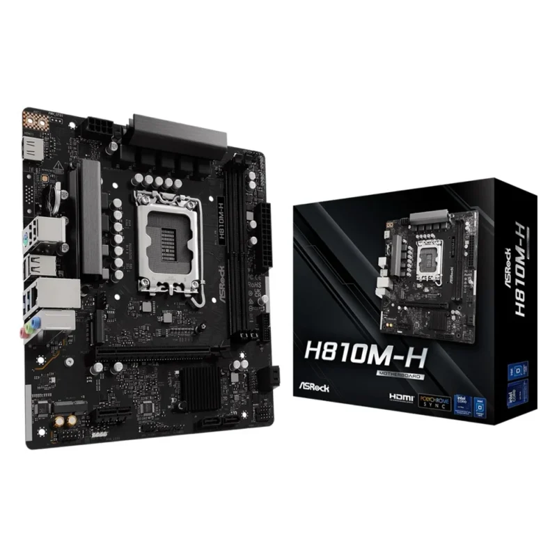 asrock-h810m-h-with-box The ASRock H810M-H motherboard displayed next to its retail packaging.