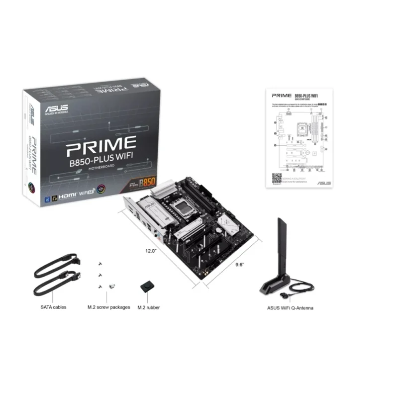 The complete accessory kit for the ASUS PRIME B850-PLUS WIFI: motherboard, Q-Antenna, SATA cables, and M.2 screws.