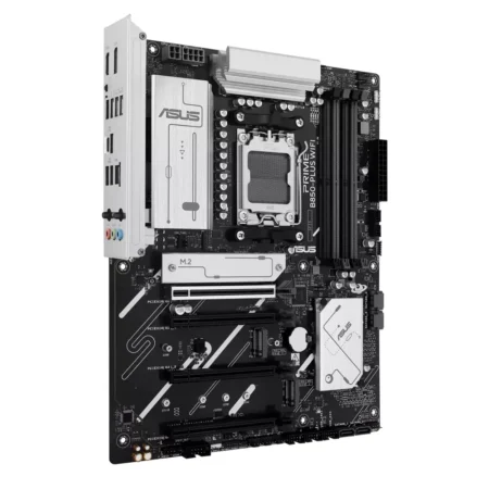 Angled view of the ASUS PRIME B850-PLUS WIFI ATX motherboard, showing its clean silver and black design and silver heatsinks.