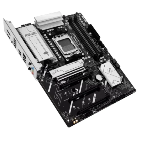 Top-down view of the ASUS PRIME B850-PLUS WIFI, detailing the AM5 socket, four DDR5 slots, and triple M.2 layout.