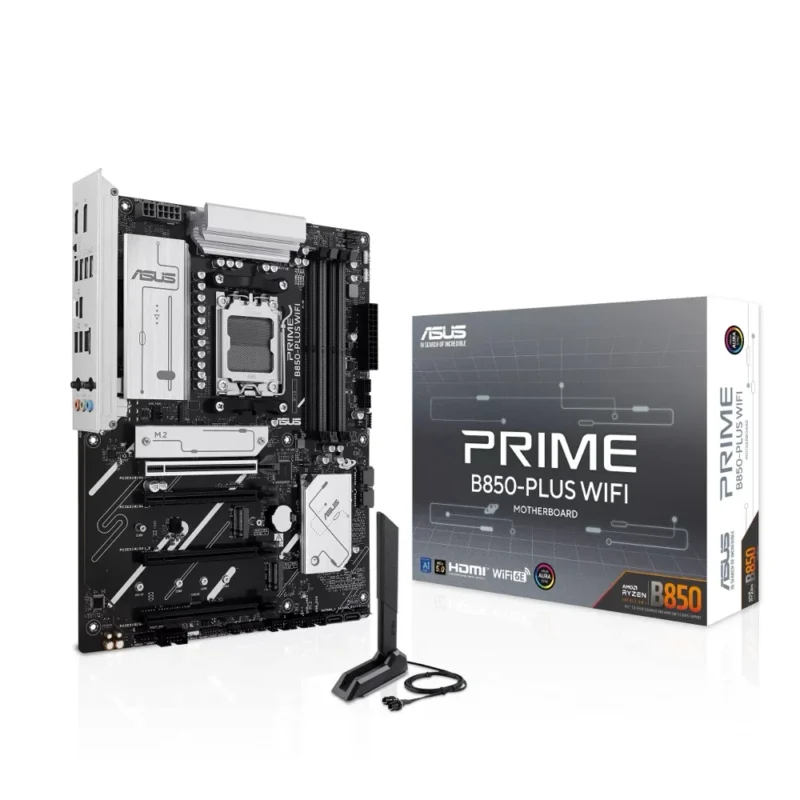 asus-prime-b850-plus-wifi-with-box The ASUS PRIME B850-PLUS WIFI motherboard displayed next to its retail box