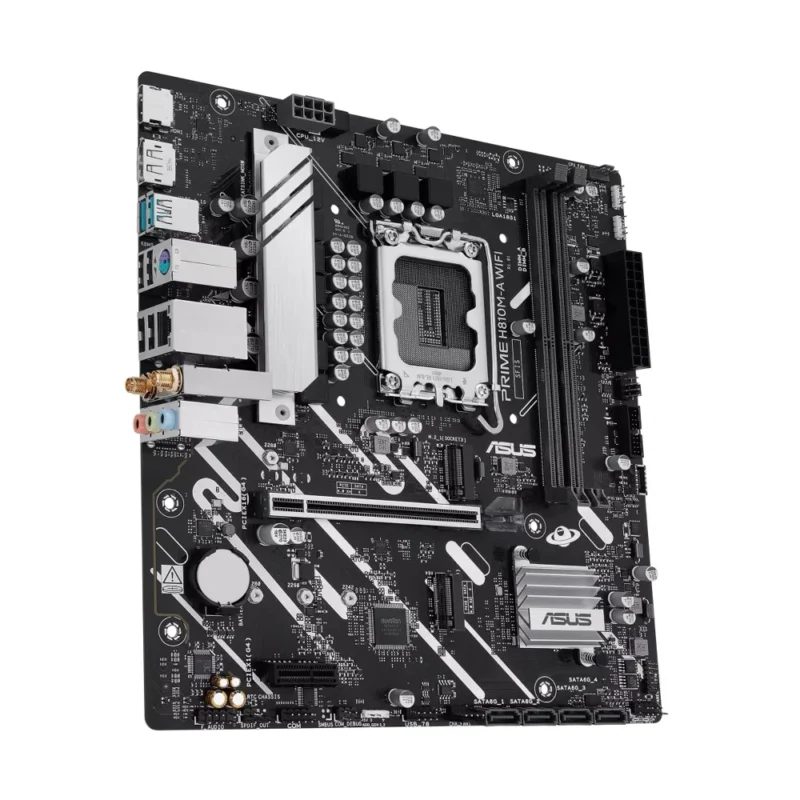 Angled view of the ASUS PRIME H810M-A WIFI Micro ATX motherboard, showing its compact design and silver heatsink.