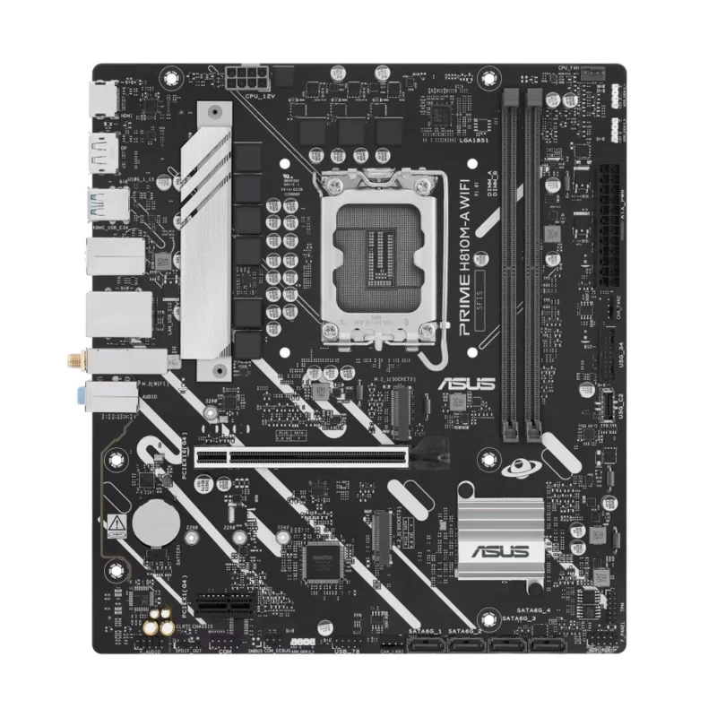 Full layout view of the ASUS PRIME H810M-A WIFI Micro ATX board, showing all expansion slots and connector placements.