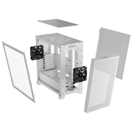 Exploded view of the CORSAIR 3000D AIRFLOW with all panels detached and in mid-air.