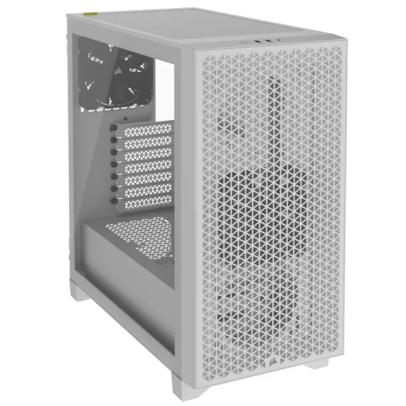 Another front angle view of the CORSAIR 3000D AIRFLOW in White, at a sharper angle.
