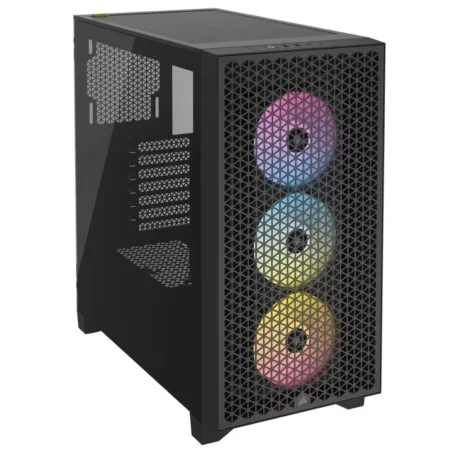 Another front angle view of the CORSAIR 3000D RGB AIRFLOW in Black, at a sharper angle.