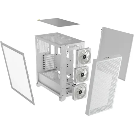 Exploded view of the CORSAIR 3000D RGB AIRFLOW with all panels detached and in mid-air.
