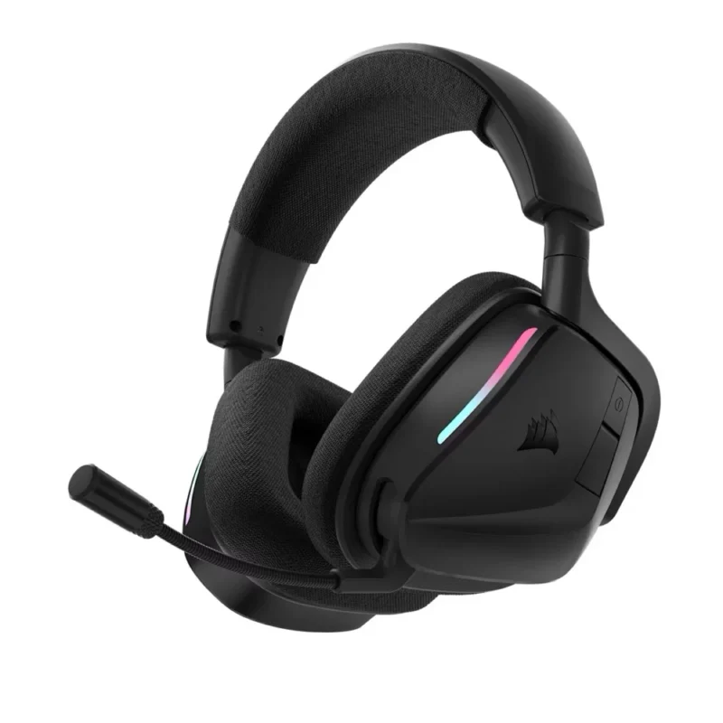 A three-quarter hero shot of the CORSAIR VOID WIRELESS v2 gaming headset from the left, showcasing the iconic angular earcup design and microphone in Carbon black.