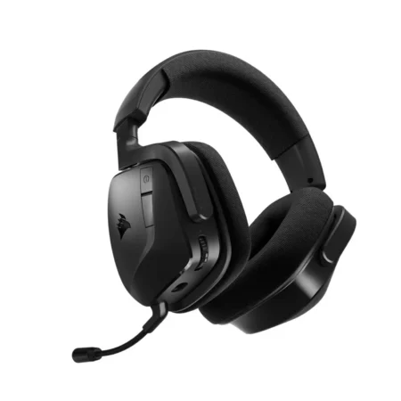 A three-quarter hero shot of the CORSAIR VOID WIRELESS v2 gaming headset from the right, providing a clear view of the on-earcup controls.