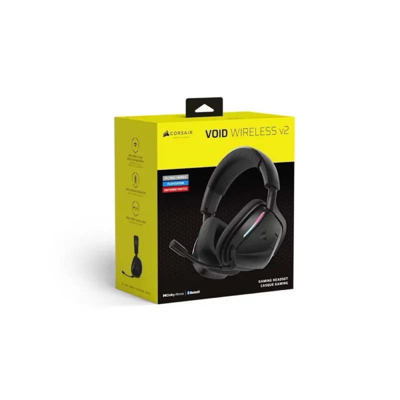 The official retail box for the CORSAIR VOID WIRELESS v2 multi-platform gaming headset, highlighting its key features.