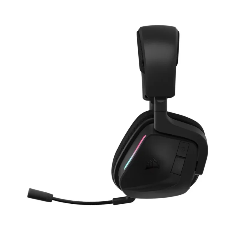 A direct side view of the left earcup of the CORSAIR VOID WIRELESS v2, showing the microphone in its deployed position.