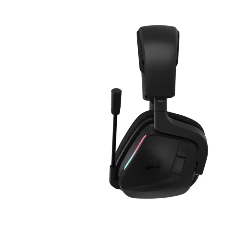 A direct side view of the left earcup of the CORSAIR VOID WIRELESS v2, showing the microphone in its folded up position.