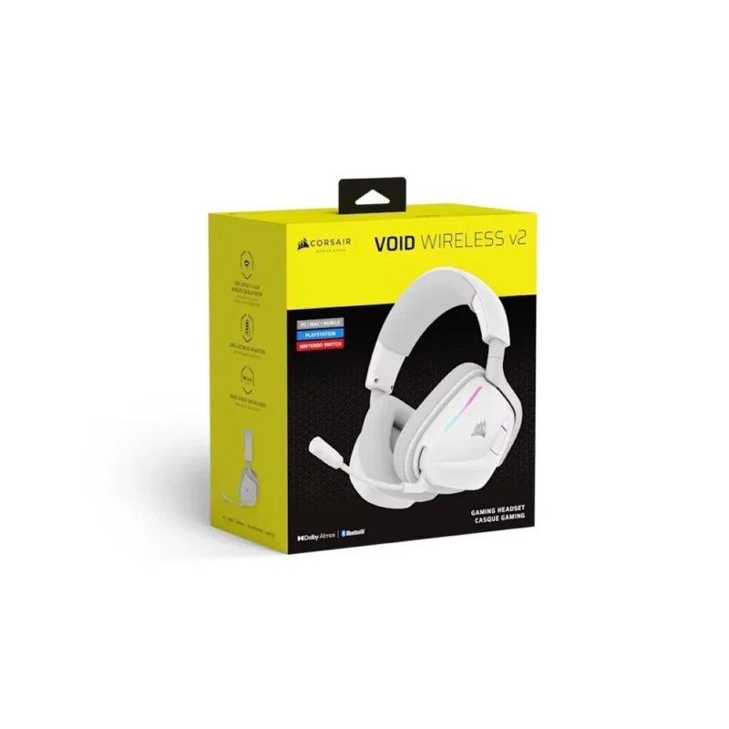 The official retail box for the CORSAIR VOID WIRELESS v2 multi-platform gaming headset, highlighting its key features.