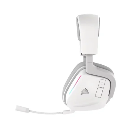 A direct side view of the left earcup of the CORSAIR VOID WIRELESS v2, showing the microphone in its deployed position.