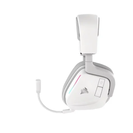 A direct side view of the left earcup of the CORSAIR VOID WIRELESS v2, showing the microphone in its bent position.